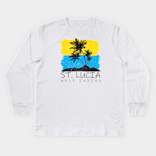 St Lucia National Colors with Palm Silhouette Kids Long Sleeve T-Shirt